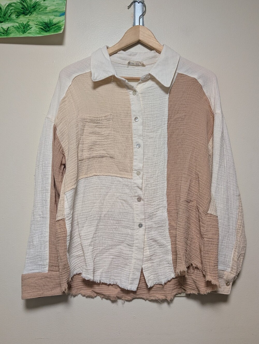 New In Size M Neutral Colorblock Gauze Button Down Shirt Raw Hem Boho